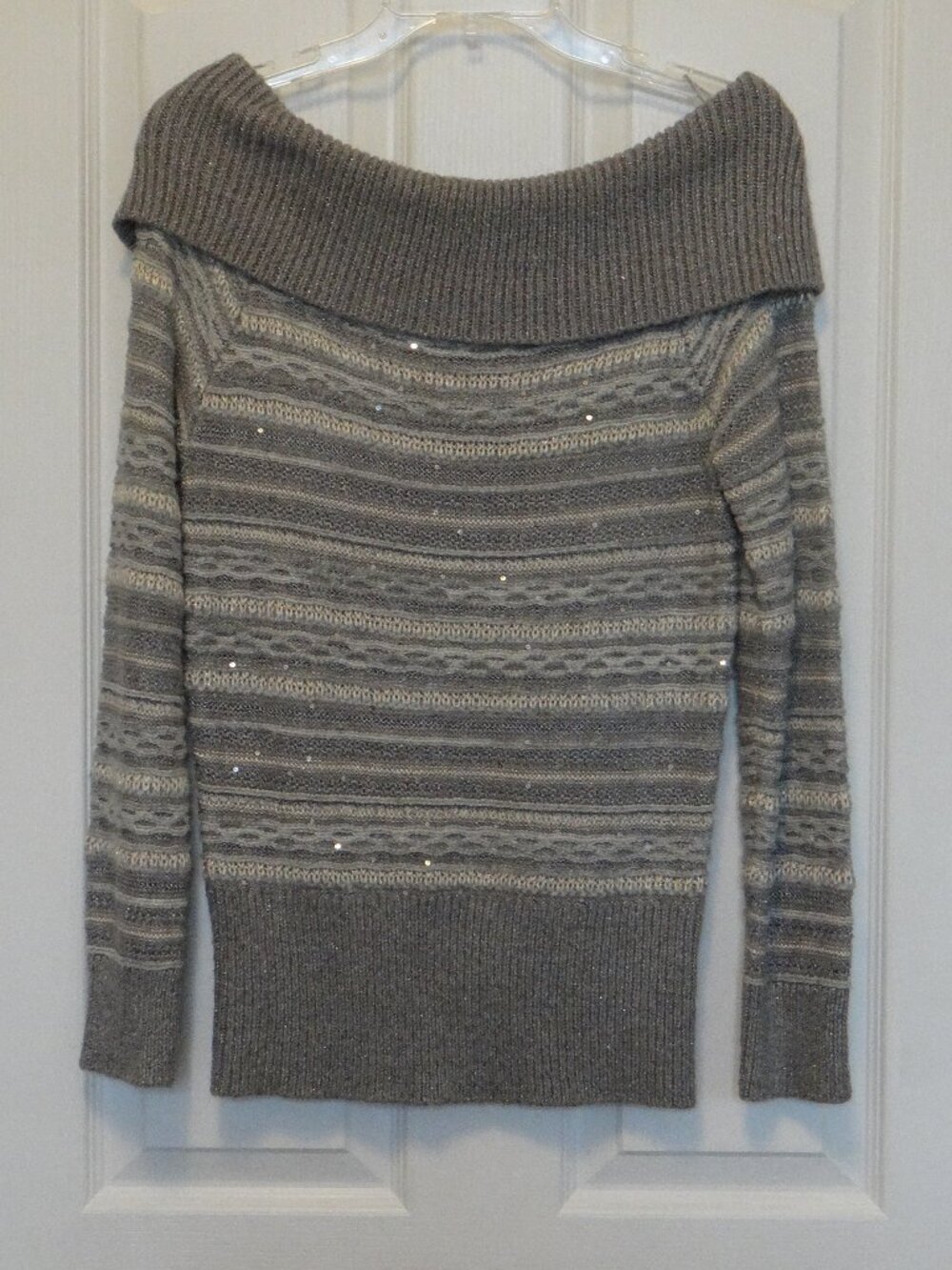WHBM Cowl Neck SWEATER knit striped GREY IVORY White House Black Market Med
